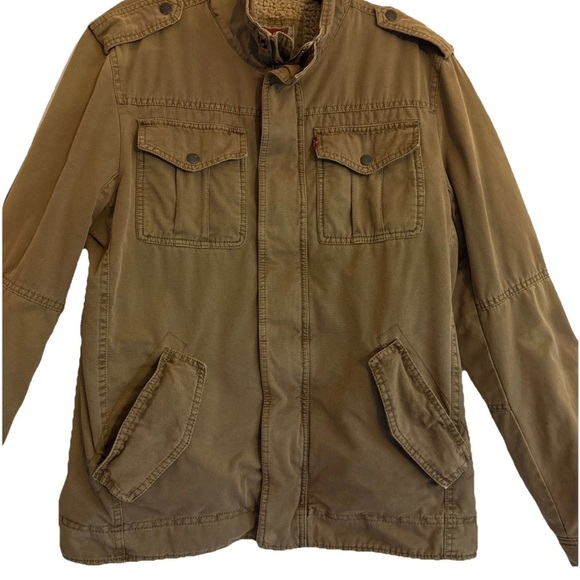 LEVI'S Sherpa Lined 54163 Cotton Trucker Military Jacket Tan Brown Men's Medium - Picture 2 of 7